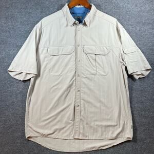 REI Co-Op Button Down Shirt Men's Large Beige Nylon UPF 50+ Short Sleeve Casual